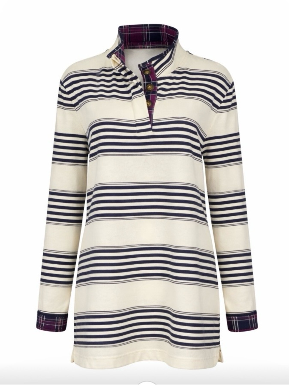 Charter Club Womens XL Stripe Knit Tunic Ivory Navy Purple Plaid Trim Button